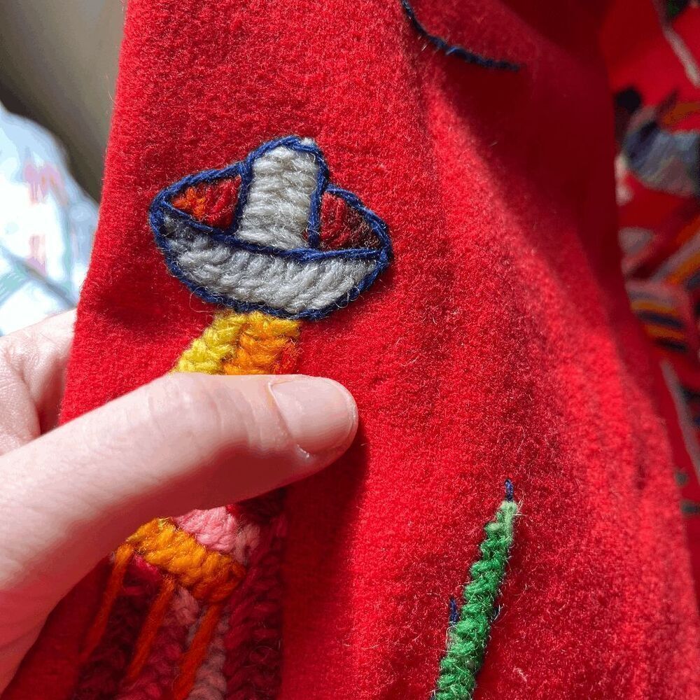 VTG 1940s Mexican Embroidered Wool Jacket Hand-Dyed Yarn, Folk Art, Red Wool S - Picture 5 of 15